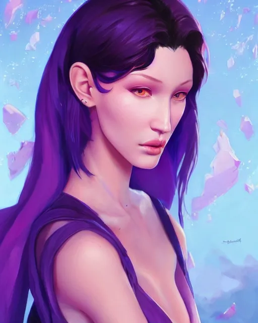 Prompt: beautiful Bella Hadid purple hair tattoos symmetrical face eyes full length fantasy art icon, 4d art cover , official fanart behance hd artstation by Jesper Ejsing, by RHADS, Makoto Shinkai and Lois van baarle, ilya kuvshinov, rossdraws