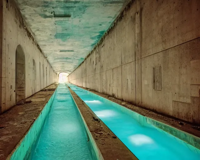 Image similar to abandoned place by ricardo bofill. an underground waterpark that used to be full of life, now empty at nighttime, under artificial fluorescent lights.