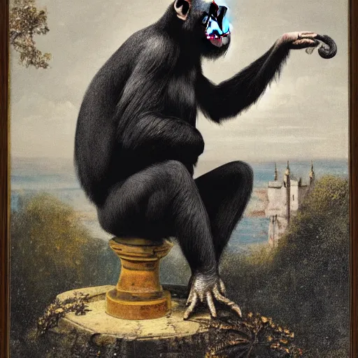 Prompt: A print that features a chimpanzee surrounded by a castle turret. The chimp is shown wearing a crown and holding a scepter, and the castle is adorned with banners. by Maurice Sapiro