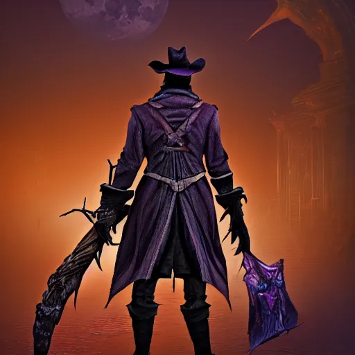 Image similar to an ultradetailed 3 d illustration of the hunter from bloodborne dressed as darkwing duck, let's get dangerous, in the style animation of darkwing duck, digital art, dark fantasy, concept art, soulslike, by alphonse mucha, blood moon eclipse, ominous night mist, unreal engine, octane render, artstation, 8 k