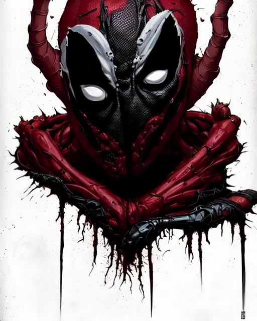 Image similar to highly detailed closeup portrait of a mutated carnage symbiote in deadpool suit with carnages face, wearing black hoodie by atey ghailan, by greg rutkowski, by greg tocchini, by james gilleard, by joe fenton, by kaethe butcher, red, black, crimson and white color scheme, grunge!! graffiti tag wall