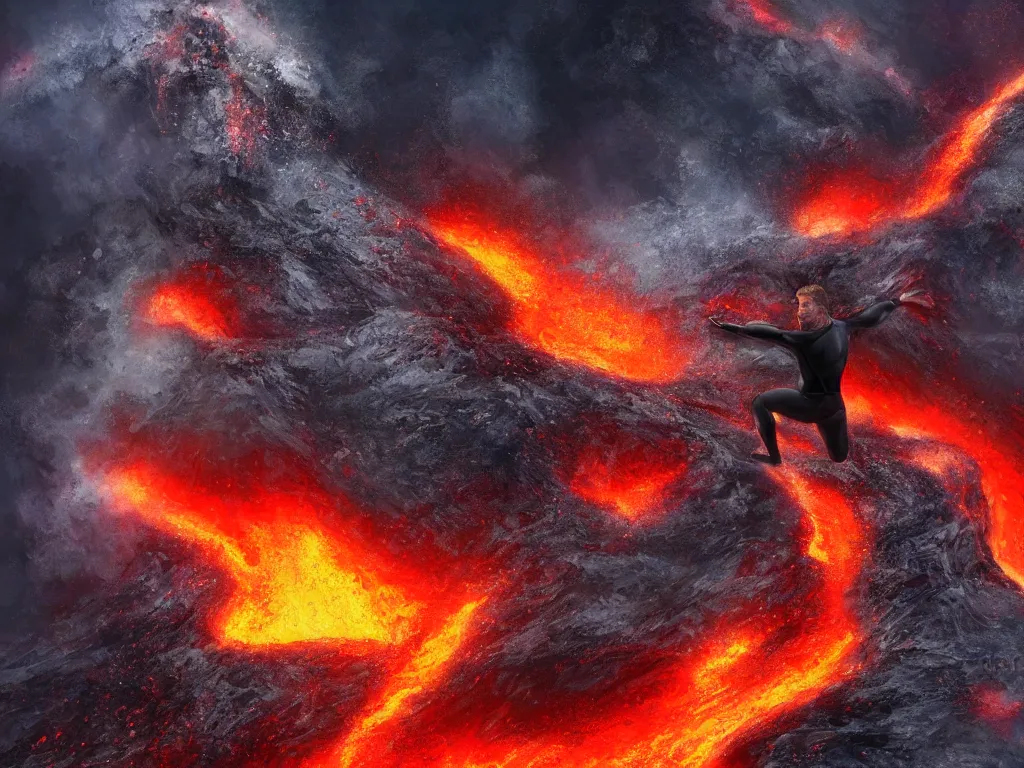 Image similar to portrait of a arnold schwarzenegger surfing inside erupting volcano, lava splashes, stunning scene, 8 k, extremely detailed digital painting, depth, bright colors, trending on artstation