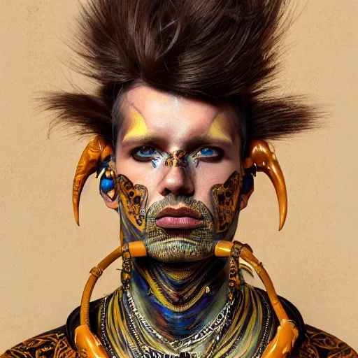 Prompt: an award finning closeup facial portrait by akseli kallen gallela luis rogyo and john howe of a bohemian male cyberpunk traveller clothed in excessively fashionable 8 0 s haute couture fashion and wearing ornate art nouveau body paint