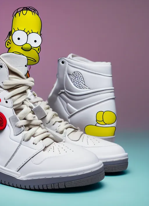 Image similar to hyperrealistic and heavy detailed product photo jordan shoe of the simpsons, in front of white back drop, whole shoe is in picture, leica sl 2 5 0 mm, vivid color, high quality, high textured, real life, film grain