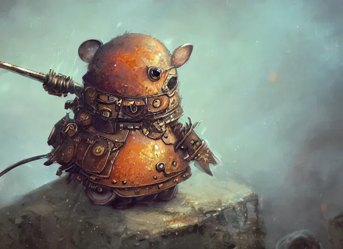 Prompt: ashigaru steampunk feathered mouse, colorful plumage, lacquered armor, polearm glaive, cute but determined, hard focus, art station, by jessica rossier and brian froud, cinematic, orange grey white