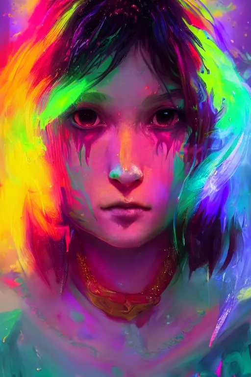 Image similar to a fancy portrait of a young Demon girl covered in rainbow flames by Greg Rutkowski, Sung Choi, Mitchell Mohrhauser, Maciej Kuciara, Johnson Ting, Maxim Verehin, Peter Konig, final fantasy , 8k photorealistic, cinematic lighting, HD, high details, atmospheric , trending on artstation