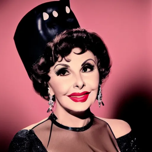 Prompt: a photorealistic image of Gina Lollobrigida disguised as a black cat