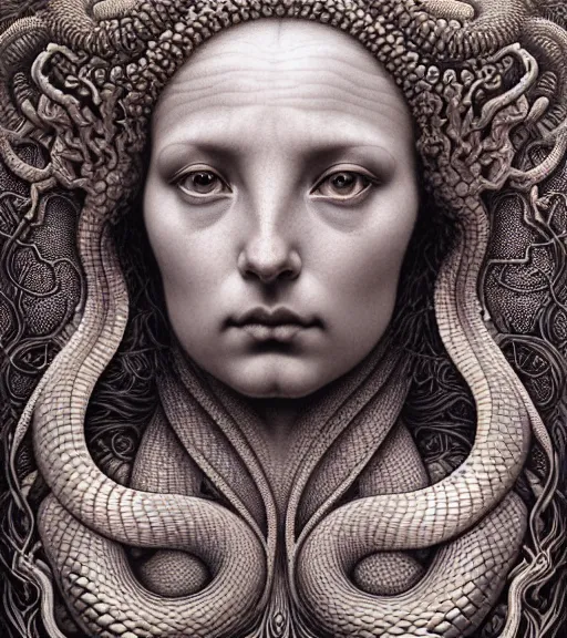 Prompt: detailed realistic beautiful snake goddess face portrait by jean delville, gustave dore, iris van herpen and marco mazzoni, art forms of nature by ernst haeckel, art nouveau, symbolist, visionary, gothic, neo - gothic, pre - raphaelite, fractal lace, intricate alien botanicals, ai biodiversity, surreality, hyperdetailed ultrasharp octane render