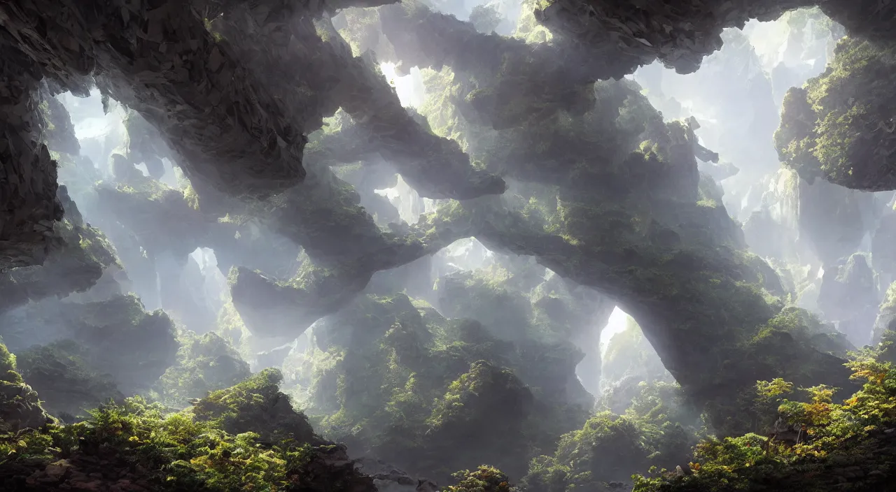 Image similar to biological crystallographic lattice bridging megastructure, in a canyon by glenn small, by albert bierstadt, photorealistic, zaha hadid, god rays, volumetric lighting, detailed, extremely intricate, raytrace, octane, light fog, neon