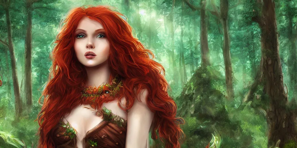 Prompt: beautiful redhead druid, forest in the background, digital art, highly detailed, 4K