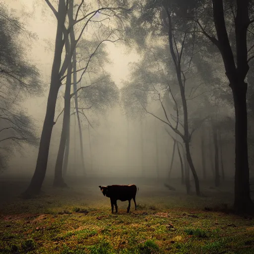 Prompt: Highly realistic painting of a cow standing in the middle of a dark forest, oak trees, fog, moody lighting, volumetric lighting