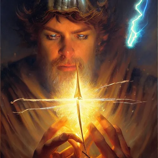 Prompt: stunning male master wizard summoning lightning, highly detailed painting by gaston bussiere, craig mullins, j. c. leyendecker, 8 k
