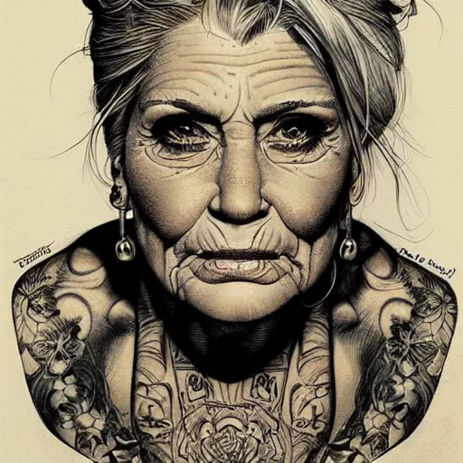 Image similar to a beautiful portrait of a heavily tattooed older woman Travis Charest style