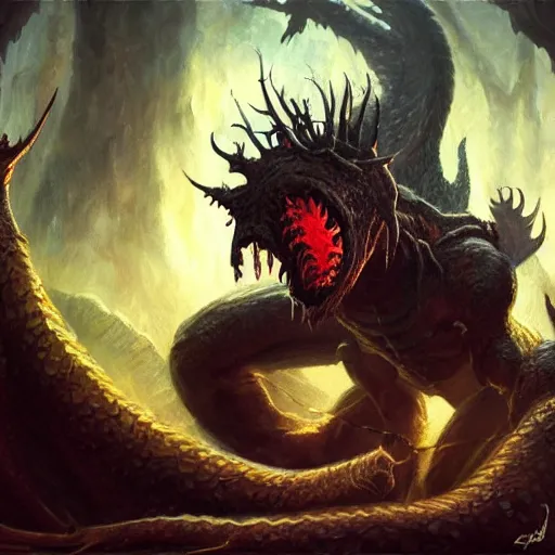Image similar to oil painting of dragon forest, dnd character, fantasy, realistic textured skin, balrog head, glowing eyes, sharp focus, artgem, boris valejo, frank frazetta, heavy metal style, trending on artstation, digital painting, julie bell, beautiful, very detailed,
