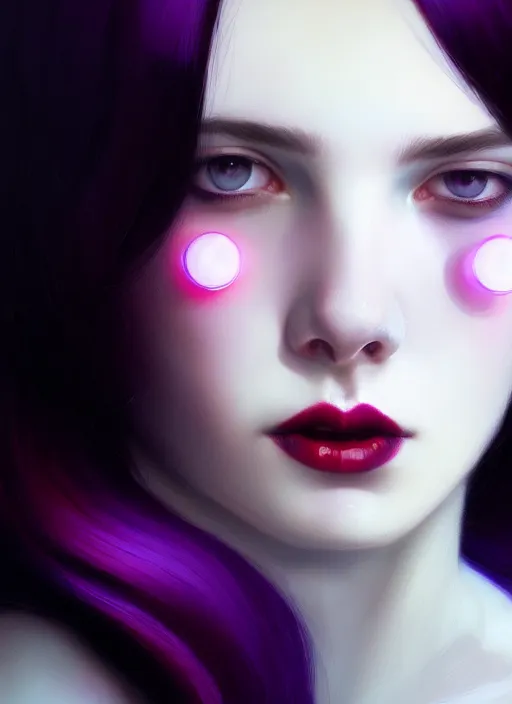 Image similar to portrait of pale teenage girl, red irises, black hair, white bangs, purple lipstick, intricate, elegant, glowing lights, highly detailed, digital painting, artstation, concept art, smooth, sharp focus, illustration, art by wlop, mars ravelo and greg rutkowski