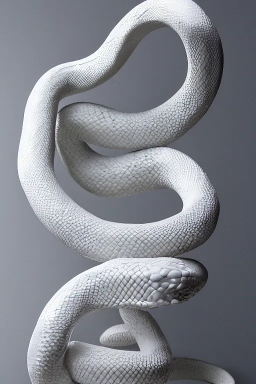 Image similar to porcelain snake sculpture by daniel arsham, smooth, all white features on a white background, delicate feature's