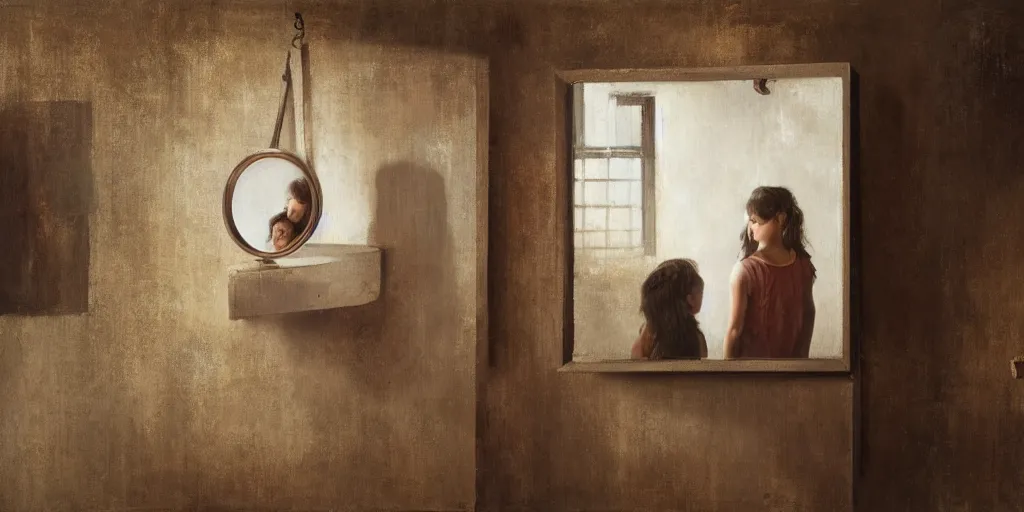 Prompt: painting of a girl looking at a mirror in an abandoned cabin, the mirror reflects thousands of nightmares. by theodore gericault, realistic oil painting, 4 k, studio lightning, award winning