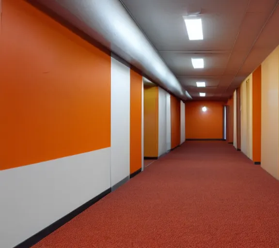 Image similar to a hall with orange walls and white tile floor, a split carpet, a black bench on the right, and a tv hanging in the right upper corner. end of the alley is dark and hard to see.