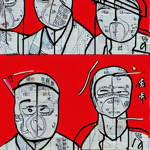 Image similar to chinese surgeons operating on a body, organ harvesting, in the style of daniel johnston and outsider art, 8k, line brush, overlaid with chinese adverts