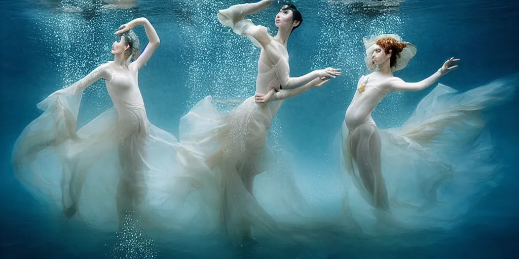 Image similar to underwater realistic photography of dancers with long gorgeous clothes , renaissance epic scene . Fluidity, elegance, beauty, water ocean cautic , ocean surface visible and water bubbles details rising up reaslitic undrwater background, high details. by CHRISTY LEE ROGERS