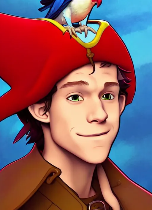 Image similar to cute tom holland as a pirate captain. parrot on his shoulder, natural lighting, path traced, highly detailed, high quality, digital painting, by don bluth and ross tran and studio ghibli and alphonse mucha, artgerm