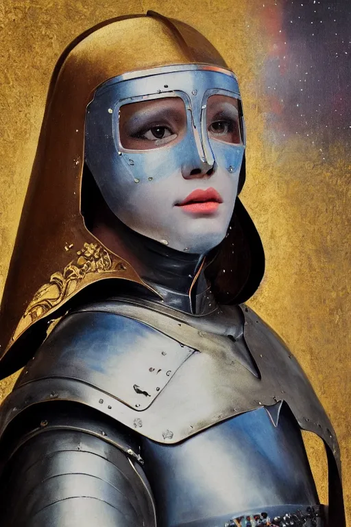 Image similar to hyperrealism oil painting, close - up portrait of medieval fashion model, knight, steel gradient mixed with nebula sky, in style of baroque mixed with 7 0 s japan book art