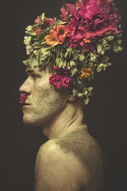 Prompt: a man's face in profile, clean shaven, made of flowers and fruit, in the style of the Dutch masters and Gregory crewdson, dark and moody