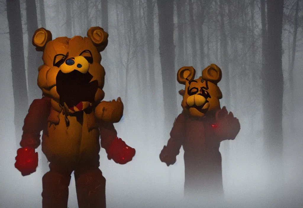 Image similar to low quality iphone photo of freddy fazbear standing ominously deep in the foggy woods with a demonic smile in his face, low visibility, grainy, creepy