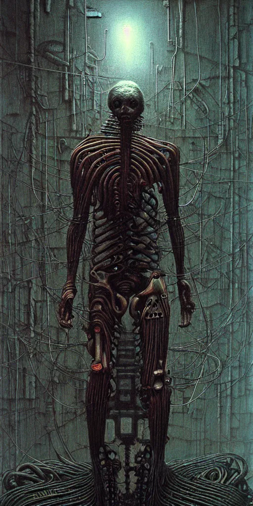 Image similar to bionic man nightmare dream, character art, beksinski, giger, large painting, extremely detailed, realistic light, perspective, biomachine background