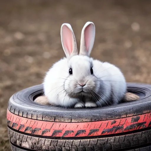 Image similar to a cute bunny sitting on a tire, studio photo, high quality