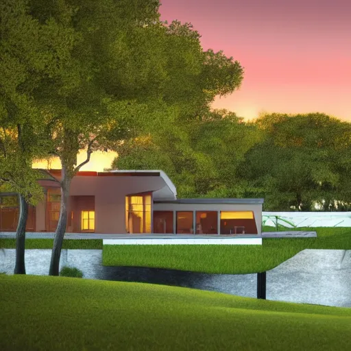 Image similar to a beautiful landscape with a singular modern house near a river at sunset in Pixar style