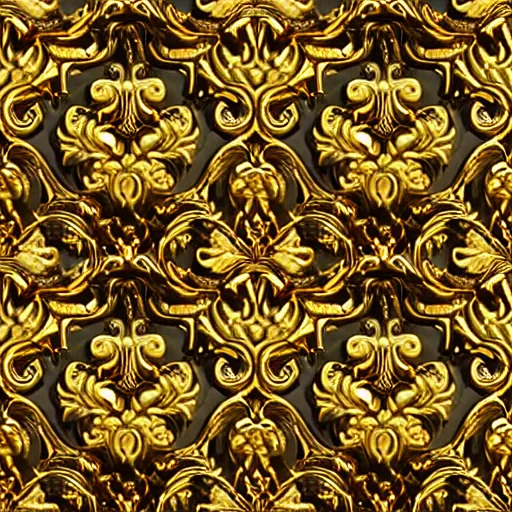 Image similar to seamless 3D baroque gold pattern, Beautiful dynamic shadows , gold and pearls, symmetrical, rococo elements, damask, Artstation, versace pattern, concept design art, Octane render,8K