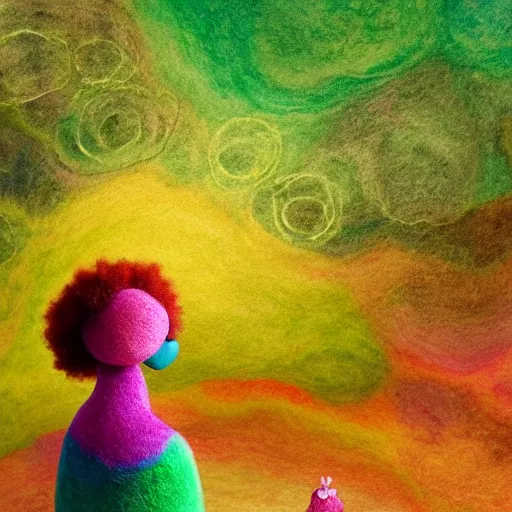 Image similar to a black girl with a colorful afro and rainbow eyes, in a candy forest! at night, bokeh, bright colours, watercolor, volumetric wool felting, macro photography, children illustration, by goro fujita