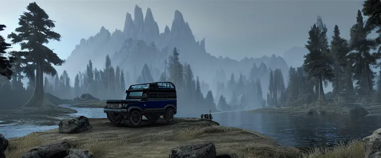 Prompt: Land Rover Defender 110 (1985), The Elder Scrolls V: Skyrim, Solitude seen in the distance, Blue Palace is seen in the distance, Haafingar Hold, an epic fantasy, dramatic lighting, cinematic, establishing shot, extremely high detail, photorealistic, cinematic lighting, artstation, by simon stalenhag