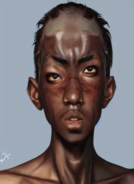 Image similar to An epic fantasy comic book style portrait painting of a skinny dark skinned thief who\'s good at martial arts, unreal 5, DAZ, hyperrealistic, octane render, cosplay, RPG portrait, dynamic lighting