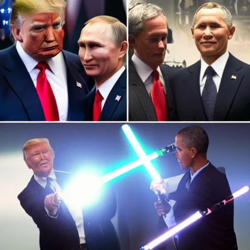 Image similar to photo of putin, trump, obama and bush having a lightsaber fight