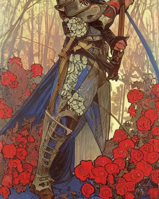 Image similar to A highly realistic painting of a knight with a rose pattern on his armor, red armour with blue pattern, deep moody colors, by Alphonse Mucha, autumn forest