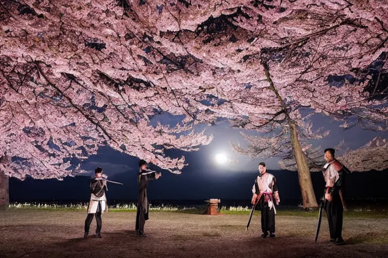 Image similar to solitary moonlight samurai duel featuring enrico letta vs matteo salvini, moonlight lake, starry sky and dark cherry blossoms falling