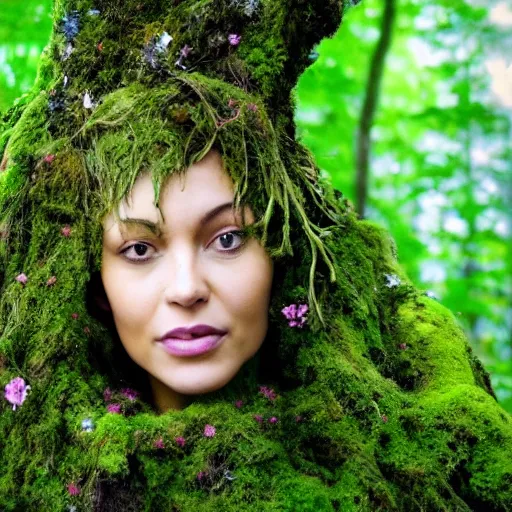 Prompt: a woman made from roots and branches covered in moss and flowers, waking up mother nature, beautiful green