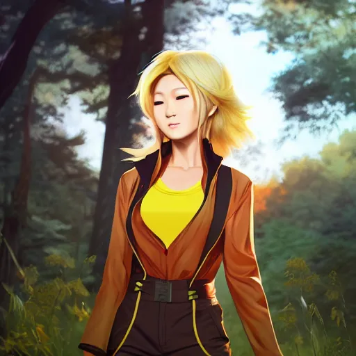 Prompt: realistic render of yang xiao long from rwby by ross draws, forest background by ilya kuvshinov, digital anime art by ross tran, composition by sana takeda, lighting by greg rutkowski