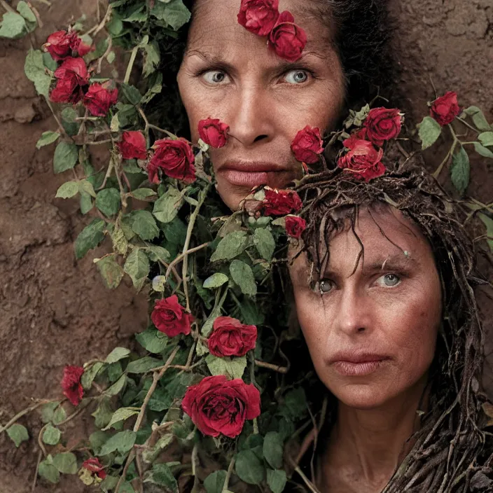 Prompt: closeup portrait of a woman with roots and roses growing out of her face, standing in a desolate apocalyptic city, by Annie Leibovitz and Steve McCurry, natural light, detailed face, CANON Eos C300, ƒ1.8, 35mm, 8K, medium-format print