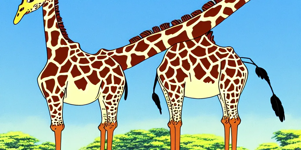 Image similar to giraffe with big blue feathered wings on its back, full body shot, wings, by studio ghibli