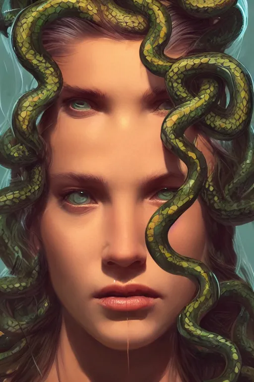 Image similar to portrait, medusa with snakes as hair, dynamic lighting, volumetric, bokeh, cinematic, extremly high detail, photo realistic, cinematic lighting, post processed, concept art, artstation, matte painting, style by eddie mendoza, raphael lacoste, alex ross