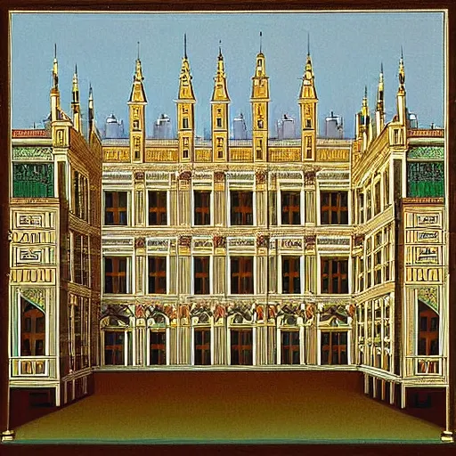 Image similar to large square between tall buildings without windows. the palaces are decorated with friezes and statues large square between tall buildings without windows. the palaces are decorated with friezes and statues