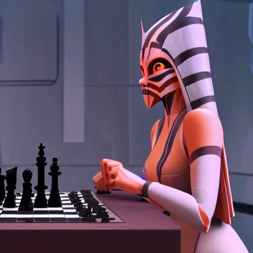 Prompt: Ahsoka Tano playing chess with Darth Vader in The Clone Wars season 7, ray traced