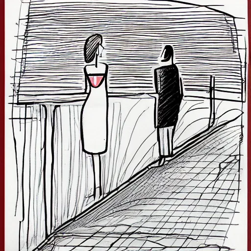 Prompt: red and black pen and ink realistic image of a man and a woman looking at a line graph