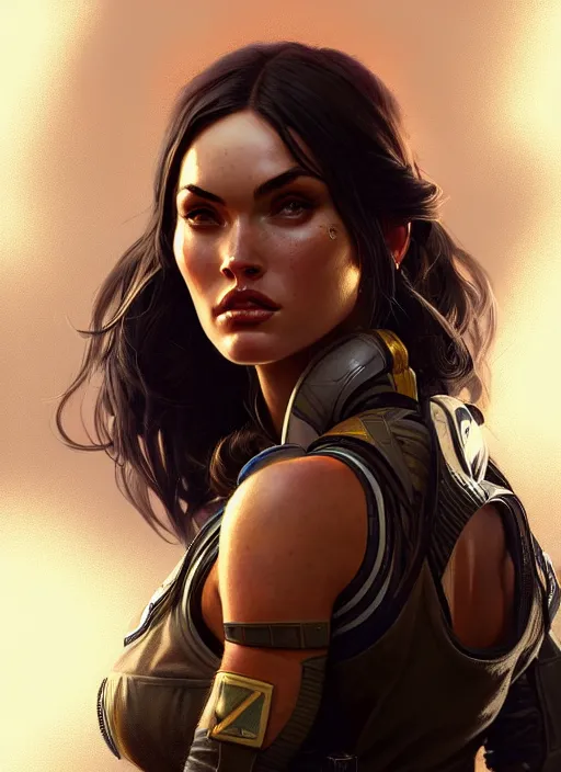 Image similar to portrait of apex legends megan fox, intricate, elegant, glowing lights, highly detailed, digital painting, artstation, glamor pose, concept art, smooth, sharp focus, illustration, art by artgerm and greg rutkowski, artey freytag