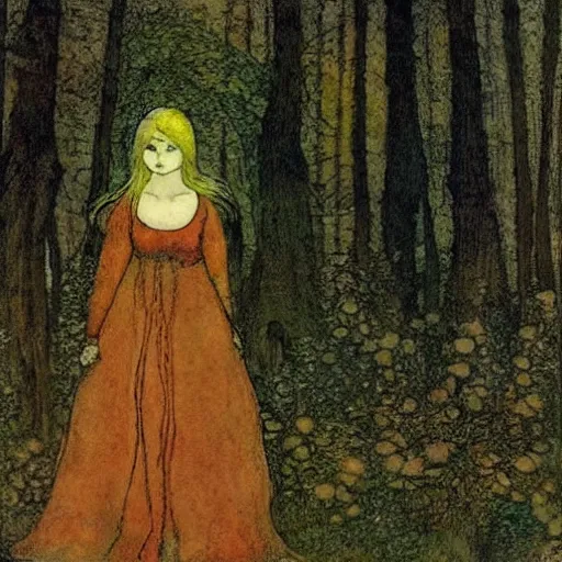 Prompt: a girl in a forest, style John Bauer,