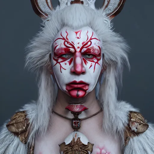 Prompt: albino grandmother in a ornated armor pagan facepaint, detailed, jewelry, sakura, photograph, award wining, red and white, trending on artstation, punk attitude, 4 k, unreal engine 5, octane render, neon highlights