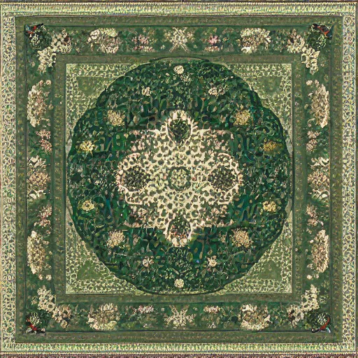 Prompt: 5 0 mm photorealistic octane render of green persian rug texture with huge kiwi fruits ornaments, top view, symmetrical, beautiful, square, trending on artstation
